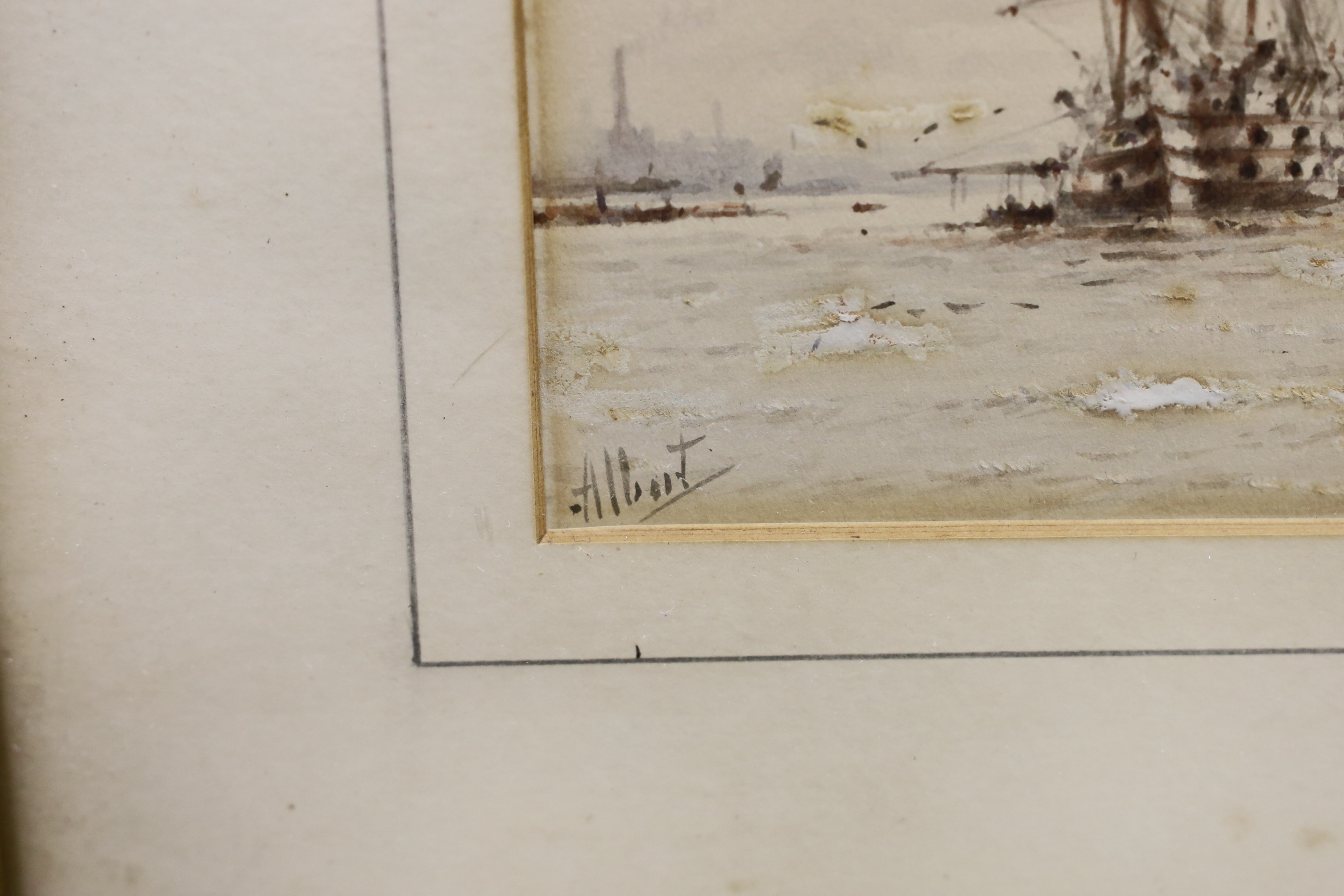 Albert Ernest Markes (1865-1901), watercolour, 'Training ship on the Thames', signed, together with Frederick James Aldridge (1850-1933), watercolour, 'Littlehampton', largest 17 x 27cm